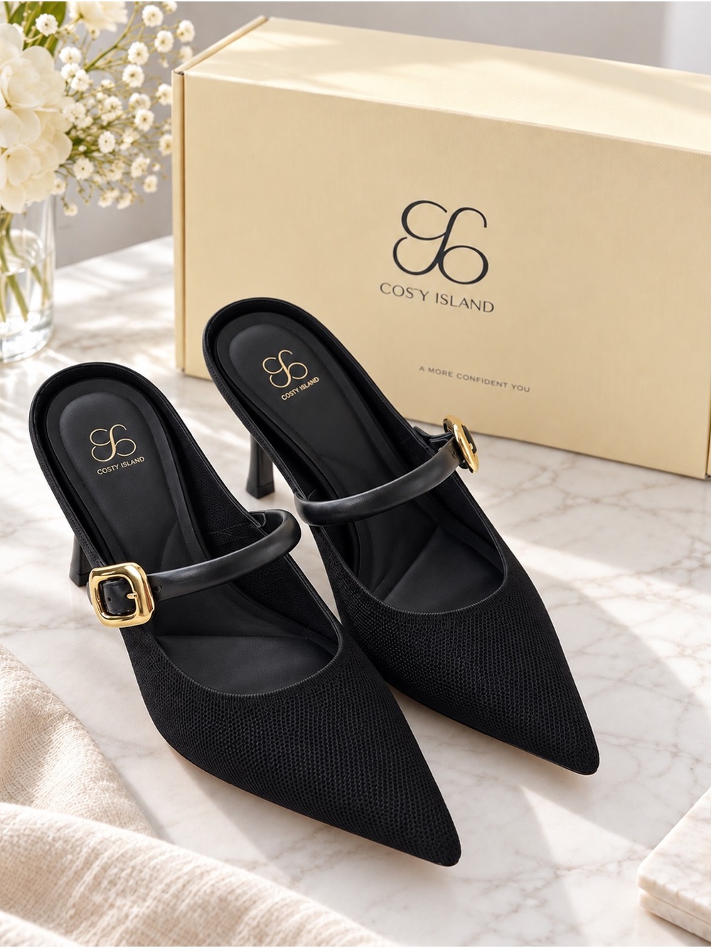 Black Pointed Mary Jane Heels with Gold Buckle